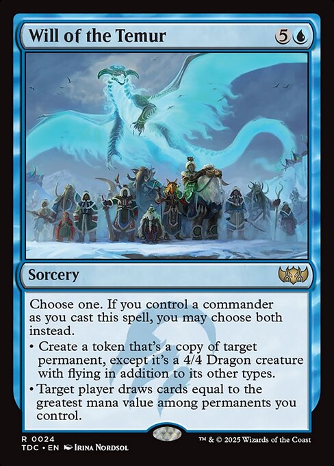Choose one. If you control a commander as you cast this spell, you may choose both instead.
• Create a token that's a copy of target permanent, except it's a 4/4 Dragon creature with flying in addition to its other types.
• Target player draws cards equal to the greatest mana value among permanents you control.