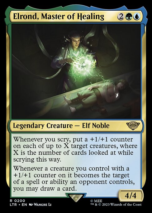 Whenever you scry, put a +1/+1 counter on each of up to X target creatures, where X is the number of cards looked at while scrying this way.
Whenever a creature you control with a +1/+1 counter on it becomes the target of a spell or ability an opponent controls, you may draw a card.