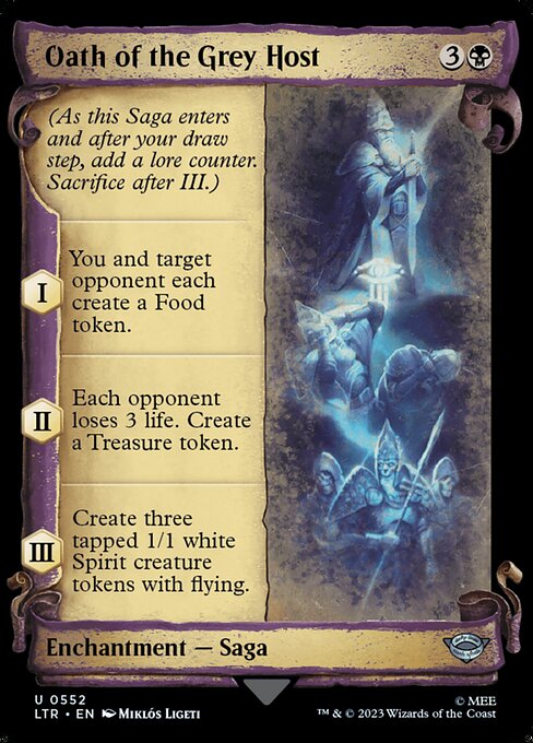 (As this Saga enters and after your draw step, add a lore counter. Sacrifice after III.)
I — You and target opponent each create a Food token.
II — Each opponent loses 3 life. Create a Treasure token.
III — Create three tapped 1/1 white Spirit creature tokens with flying.