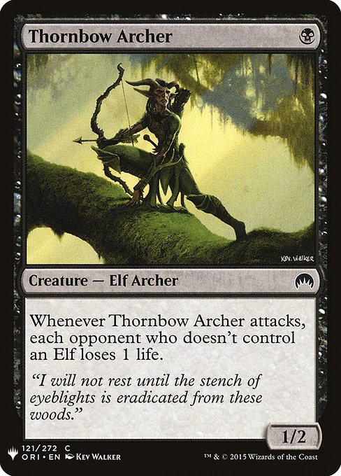 Whenever Thornbow Archer attacks, each opponent who doesn't control an Elf loses 1 life.