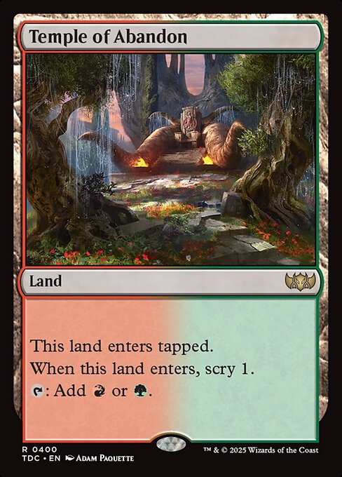 This land enters tapped.
When this land enters, scry 1. (Look at the top card of your library. You may put that card on the bottom.)
{T}: Add {R} or {G}.