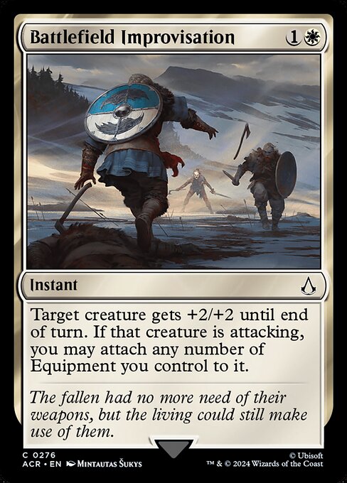 Target creature gets +2/+2 until end of turn. If that creature is attacking, you may attach any number of Equipment you control to it.