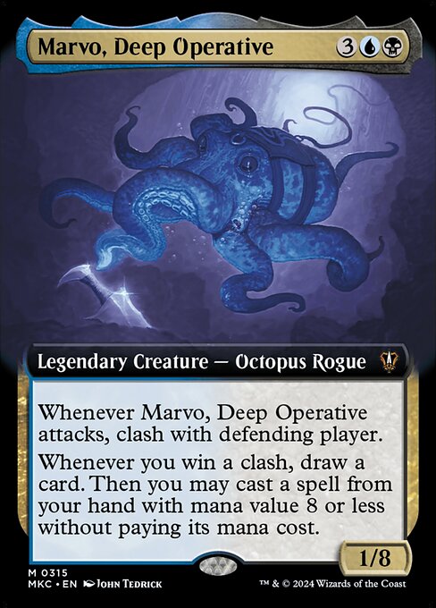 Whenever Marvo, Deep Operative attacks, clash with defending player. (Each clashing player reveals the top card of their library, then puts that card on the top or bottom. A player wins if their card had a higher mana value.)
Whenever you win a clash, draw a card. Then you may cast a spell from your hand with mana value 8 or less without paying its mana cost.