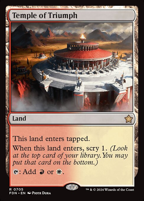 This land enters tapped.
When this land enters, scry 1. (Look at the top card of your library. You may put that card on the bottom.)
{T}: Add {R} or {W}.