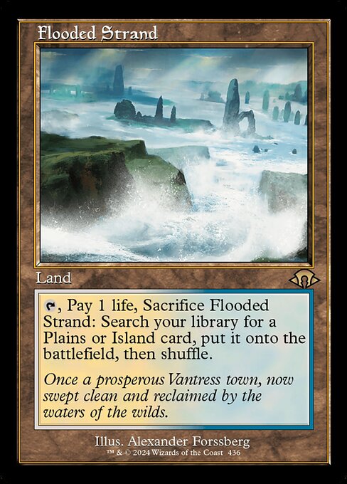 {T}, Pay 1 life, Sacrifice Flooded Strand: Search your library for a Plains or Island card, put it onto the battlefield, then shuffle.