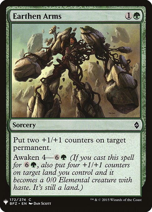 Put two +1/+1 counters on target permanent.
Awaken 4—{6}{G} (If you cast this spell for {6}{G}, also put four +1/+1 counters on target land you control and it becomes a 0/0 Elemental creature with haste. It's still a land.)