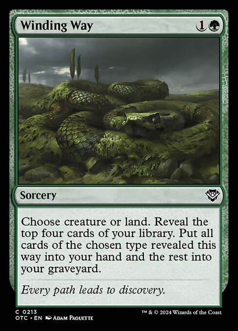 Choose creature or land. Reveal the top four cards of your library. Put all cards of the chosen type revealed this way into your hand and the rest into your graveyard.