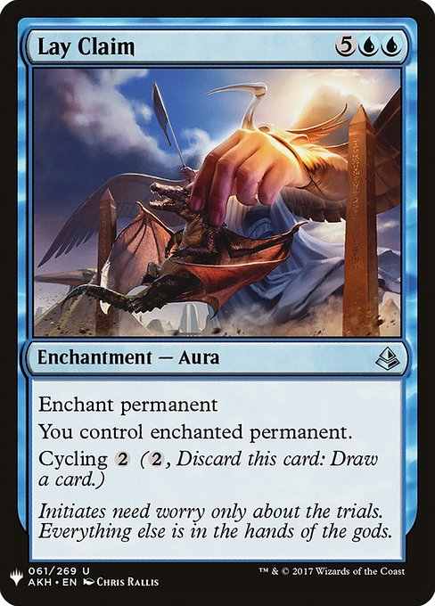 Enchant permanent
You control enchanted permanent.
Cycling {2} ({2}, Discard this card: Draw a card.)