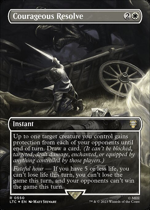 Up to one target creature you control gains protection from each of your opponents until end of turn. Draw a card. (It can't be blocked, targeted, dealt damage, enchanted, or equipped by anything controlled by those players.)
Fateful hour — If you have 5 or less life, you can't lose life this turn, you can't lose the game this turn, and your opponents can't win the game this turn.