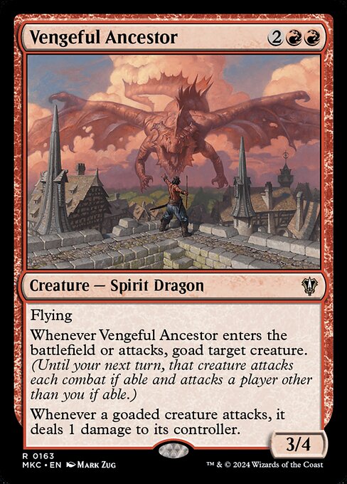 Flying
Whenever Vengeful Ancestor enters the battlefield or attacks, goad target creature. (Until your next turn, that creature attacks each combat if able and attacks a player other than you if able.)
Whenever a goaded creature attacks, it deals 1 damage to its controller.