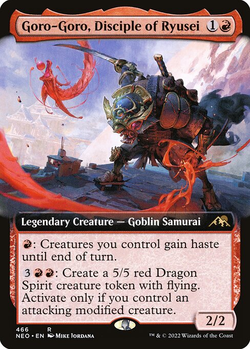 {R}: Creatures you control gain haste until end of turn.
{3}{R}{R}: Create a 5/5 red Dragon Spirit creature token with flying. Activate only if you control an attacking modified creature. (Equipment, Auras you control, and counters are modifications.)