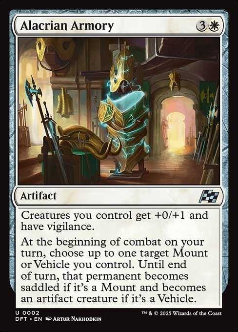 Creatures you control get +0/+1 and have vigilance.
At the beginning of combat on your turn, choose up to one target Mount or Vehicle you control. Until end of turn, that permanent becomes saddled if it's a Mount and becomes an artifact creature if it's a Vehicle.