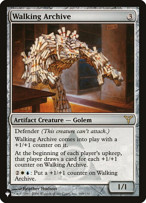 Defender (This creature can't attack.)
Walking Archive enters with a +1/+1 counter on it.
At the beginning of each player's upkeep, that player draws a card for each +1/+1 counter on Walking Archive.
{2}{W}{U}: Put a +1/+1 counter on Walking Archive.