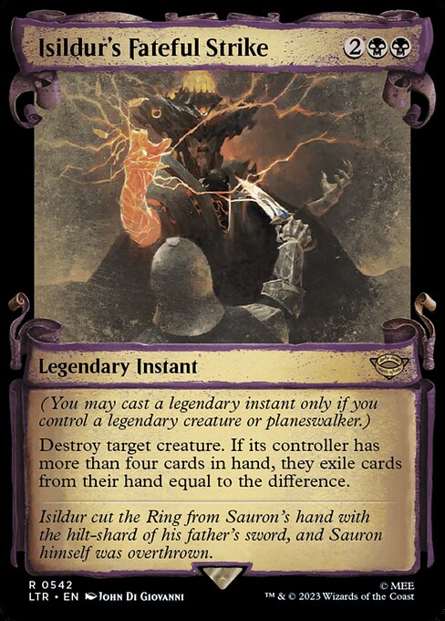 (You may cast a legendary instant only if you control a legendary creature or planeswalker.)
Destroy target creature. If its controller has more than four cards in hand, they exile cards from their hand equal to the difference.