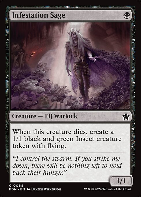 When this creature dies, create a 1/1 black and green Insect creature token with flying.