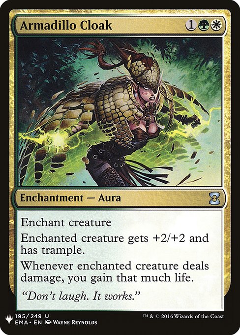 Enchant creature
Enchanted creature gets +2/+2 and has trample.
Whenever enchanted creature deals damage, you gain that much life.