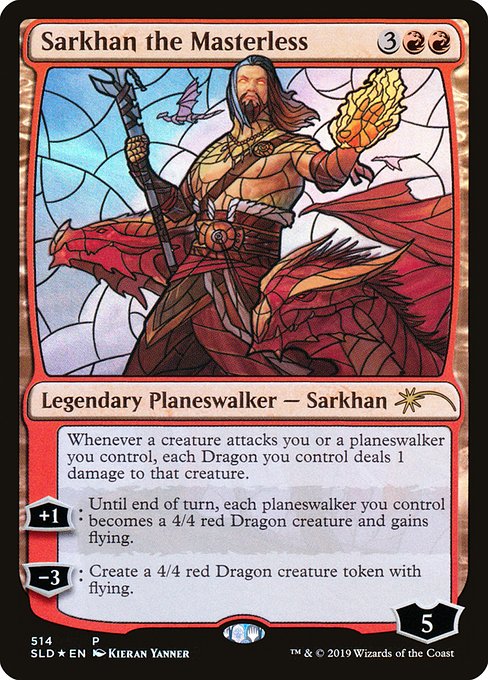 Whenever a creature attacks you or a planeswalker you control, each Dragon you control deals 1 damage to that creature.
+1: Until end of turn, each planeswalker you control becomes a 4/4 red Dragon creature and gains flying.
−3: Create a 4/4 red Dragon creature token with flying.