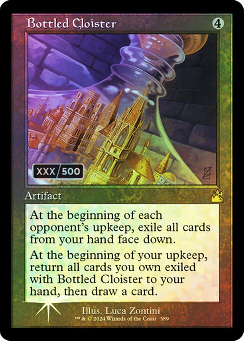 At the beginning of each opponent's upkeep, exile all cards from your hand face down.
At the beginning of your upkeep, return all cards you own exiled with Bottled Cloister to your hand, then draw a card.