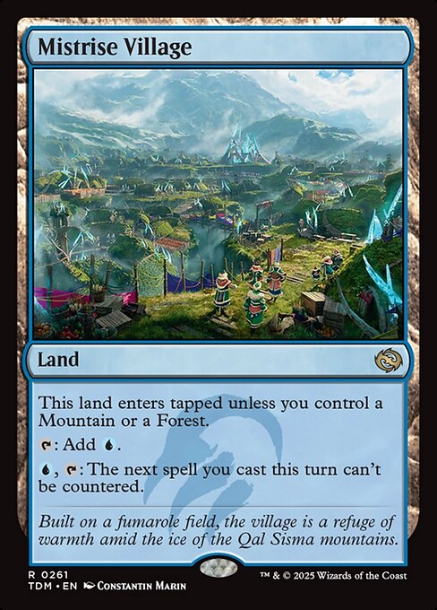 This land enters tapped unless you control a Mountain or a Forest.
{T}: Add {U}.
{U}, {T}: The next spell you cast this turn can't be countered.