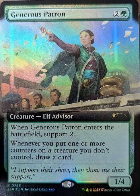 When Generous Patron enters the battlefield, support 2. (Put a +1/+1 counter on each of up to two other target creatures.)
Whenever you put one or more counters on a creature you don't control, draw a card.