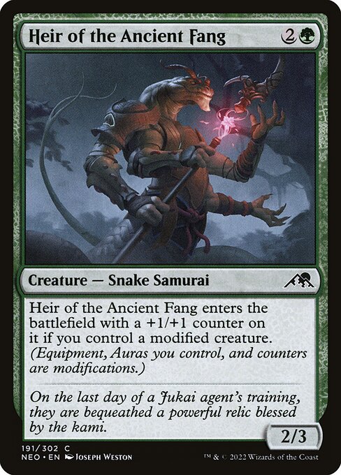 Heir of the Ancient Fang enters the battlefield with a +1/+1 counter on it if you control a modified creature. (Equipment, Auras you control, and counters are modifications.)