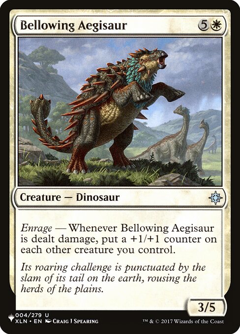 Enrage — Whenever Bellowing Aegisaur is dealt damage, put a +1/+1 counter on each other creature you control.