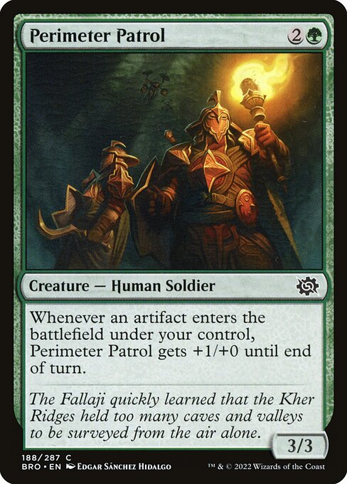 Whenever an artifact enters the battlefield under your control, Perimeter Patrol gets +1/+0 until end of turn.