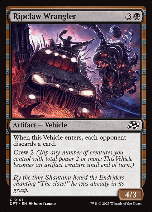 When this Vehicle enters, each opponent discards a card.
Crew 2 (Tap any number of creatures you control with total power 2 or more: This Vehicle becomes an artifact creature until end of turn.)