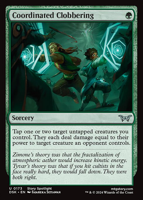 Tap one or two target untapped creatures you control. They each deal damage equal to their power to target creature an opponent controls.