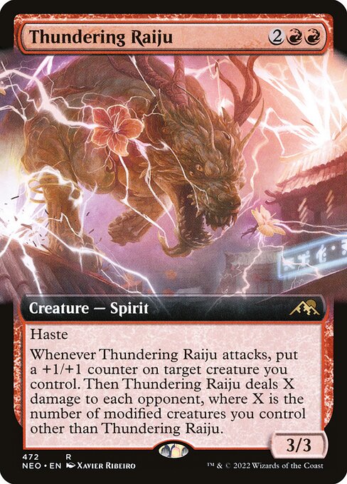 Haste
Whenever Thundering Raiju attacks, put a +1/+1 counter on target creature you control. Then Thundering Raiju deals X damage to each opponent, where X is the number of modified creatures you control other than Thundering Raiju. (Equipment, Auras you control, and counters are modifications.)