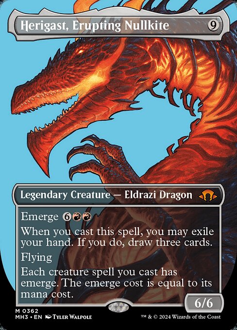 Emerge {6}{R}{R} (You may cast this spell by sacrificing a creature and paying the emerge cost reduced by that creature's mana value.)
When you cast this spell, you may exile your hand. If you do, draw three cards.
Flying
Each creature spell you cast has emerge. The emerge cost is equal to its mana cost.