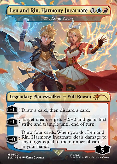 +1: Draw a card, then discard a card.
+1: Target creature gets +2/+0 and gains first strike and trample until end of turn.
−8: Draw four cards. When you do, The Royal Scions deals damage to any target equal to the number of cards in your hand.