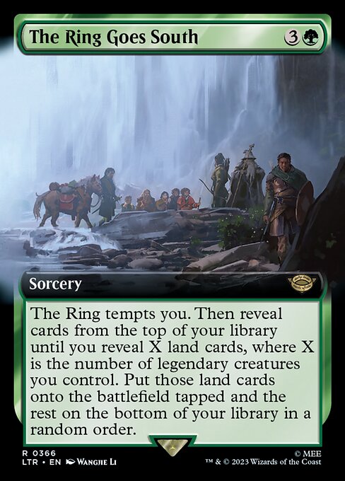 The Ring tempts you. Then reveal cards from the top of your library until you reveal X land cards, where X is the number of legendary creatures you control. Put those land cards onto the battlefield tapped and the rest on the bottom of your library in a random order.