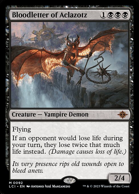 Flying
If an opponent would lose life during your turn, they lose twice that much life instead. (Damage causes loss of life.)