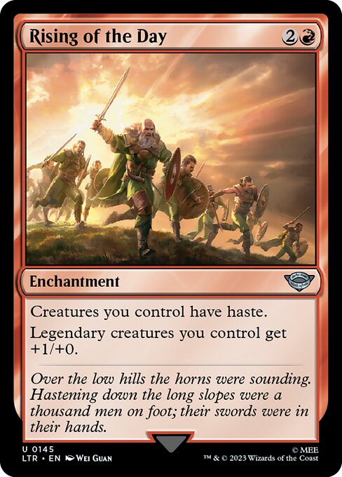 Creatures you control have haste.
Legendary creatures you control get +1/+0.