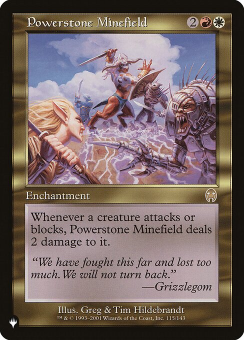 Whenever a creature attacks or blocks, Powerstone Minefield deals 2 damage to it.