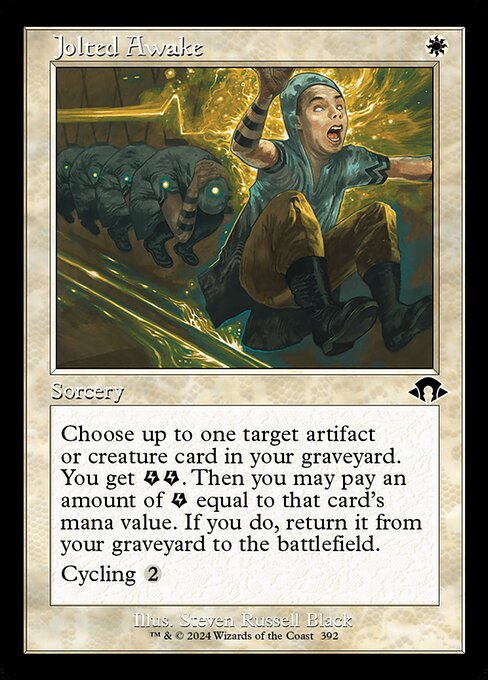 Choose up to one target artifact or creature card in your graveyard. You get {E}{E} (two energy counters). Then you may pay an amount of {E} equal to that card's mana value. If you do, return it from your graveyard to the battlefield.
Cycling {2} ({2}, Discard this card: Draw a card.)