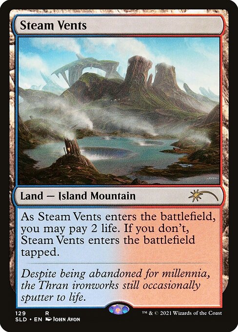 ({T}: Add {U} or {R}.)
As this land enters, you may pay 2 life. If you don't, it enters tapped.