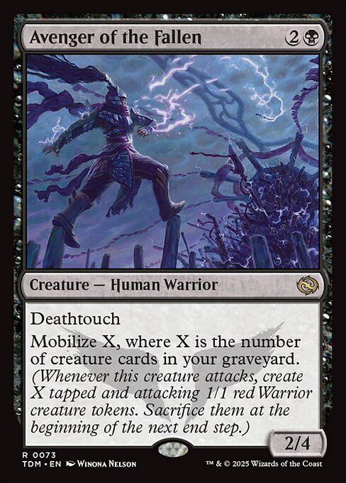 Deathtouch
Mobilize X, where X is the number of creature cards in your graveyard. (Whenever this creature attacks, create X tapped and attacking 1/1 red Warrior creature tokens. Sacrifice them at the beginning of the next end step.)