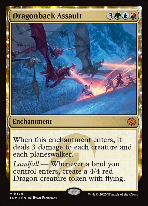 When this enchantment enters, it deals 3 damage to each creature and each planeswalker.
Landfall — Whenever a land you control enters, create a 4/4 red Dragon creature token with flying.