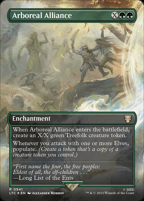 When Arboreal Alliance enters, create an X/X green Treefolk creature token.
Whenever you attack with one or more Elves, populate. (Create a token that's a copy of a creature token you control.)