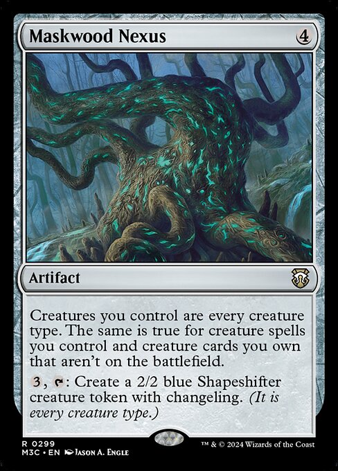 Creatures you control are every creature type. The same is true for creature spells you control and creature cards you own that aren't on the battlefield.
{3}, {T}: Create a 2/2 blue Shapeshifter creature token with changeling. (It is every creature type.)