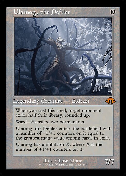 When you cast this spell, target opponent exiles half their library, rounded up.
Ward—Sacrifice two permanents.
Ulamog, the Defiler enters the battlefield with a number of +1/+1 counters on it equal to the greatest mana value among cards in exile.
Ulamog has annihilator X, where X is the number of +1/+1 counters on it.