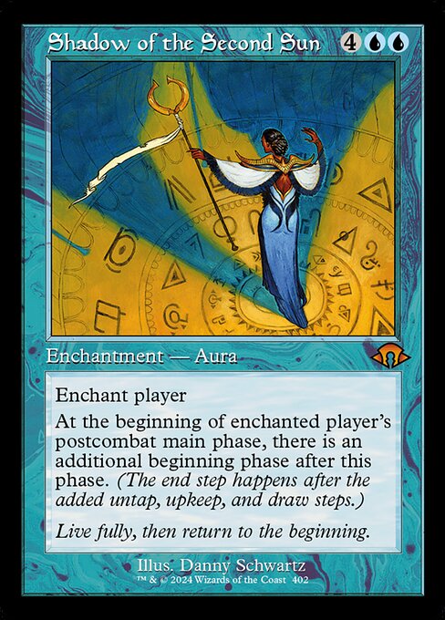 Enchant player
At the beginning of enchanted player's postcombat main phase, there is an additional beginning phase after this phase. (The end step happens after the added untap, upkeep, and draw steps.)