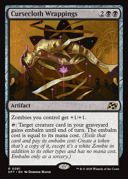 Zombies you control get +1/+1.
{T}: Target creature card in your graveyard gains embalm until end of turn. The embalm cost is equal to its mana cost. (Exile that card and pay its embalm cost: Create a token that's a copy of it, except it's a white Zombie in addition to its other types and has no mana cost. Embalm only as a sorcery.)
