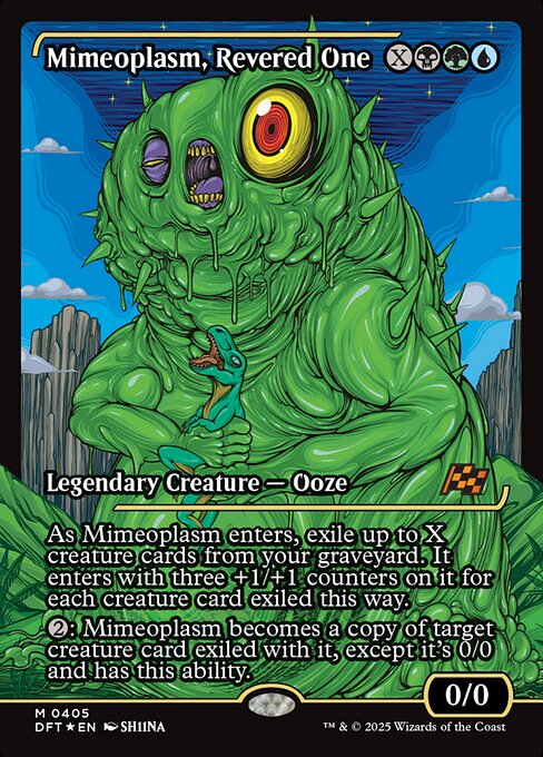 As Mimeoplasm enters, exile up to X creature cards from your graveyard. It enters with three +1/+1 counters on it for each creature card exiled this way.
{2}: Mimeoplasm becomes a copy of target creature card exiled with it, except it's 0/0 and has this ability.