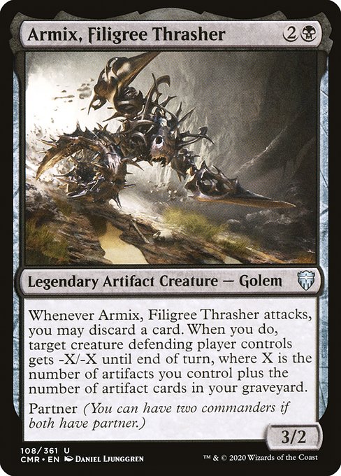 Whenever Armix, Filigree Thrasher attacks, you may discard a card. When you do, target creature defending player controls gets -X/-X until end of turn, where X is the number of artifacts you control plus the number of artifact cards in your graveyard.
Partner (You can have two commanders if both have partner.)