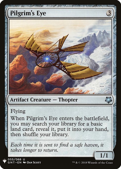Flying
When Pilgrim's Eye enters, you may search your library for a basic land card, reveal it, put it into your hand, then shuffle.