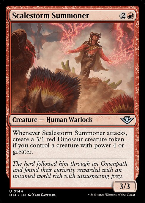 Whenever Scalestorm Summoner attacks, create a 3/1 red Dinosaur creature token if you control a creature with power 4 or greater.