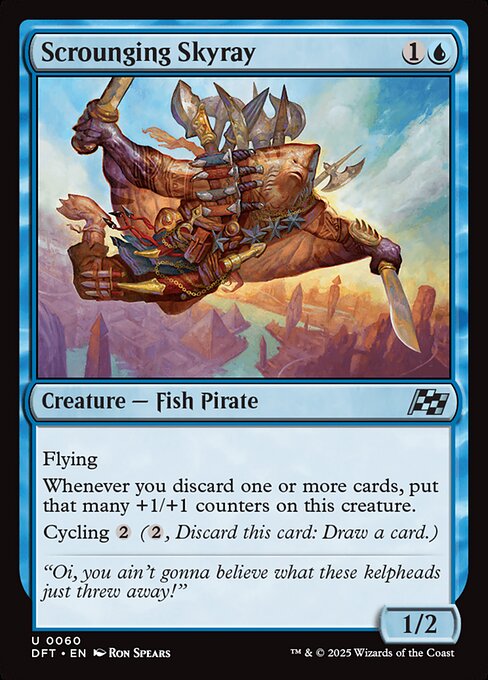 Flying
Whenever you discard one or more cards, put that many +1/+1 counters on this creature.
Cycling {2} ({2}, Discard this card: Draw a card.)